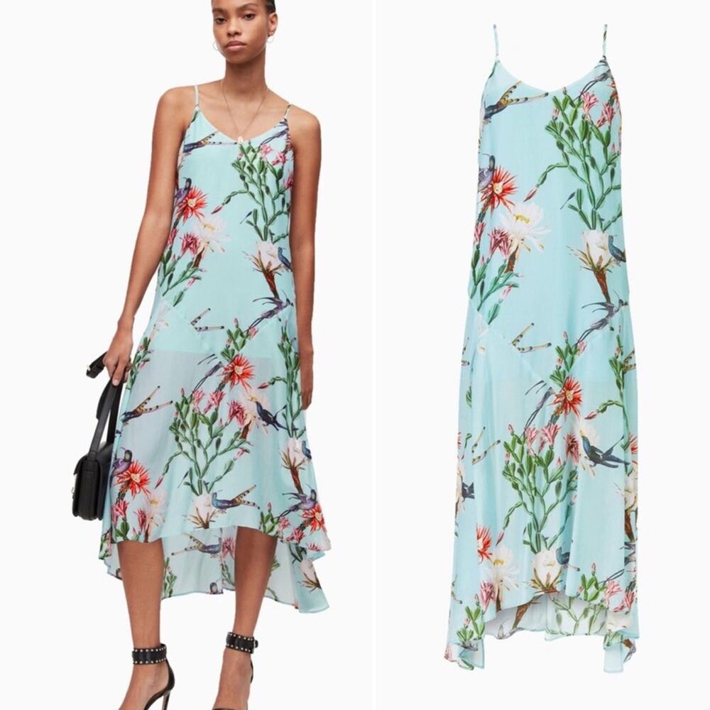 ALL SAINTS Essey Senja Maxi Dress Blue Floral Birds Asymmetric Sleeveless 8 NEW